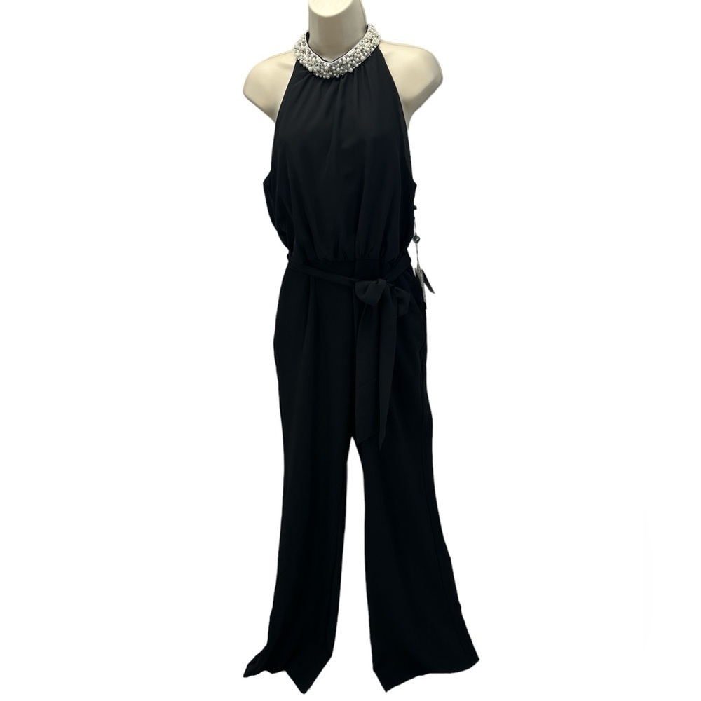 Adrianna Papell Sleeveless Pearl Chiffon Crepe Jumpsuit - Black - size 10